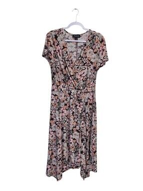 Perceptions New York Floral Midi Dress XL Faux Wrap Dark Floral